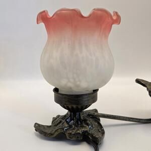 Vintage Tulip Glass Accent Lamp Pink & White Ruffled Shade